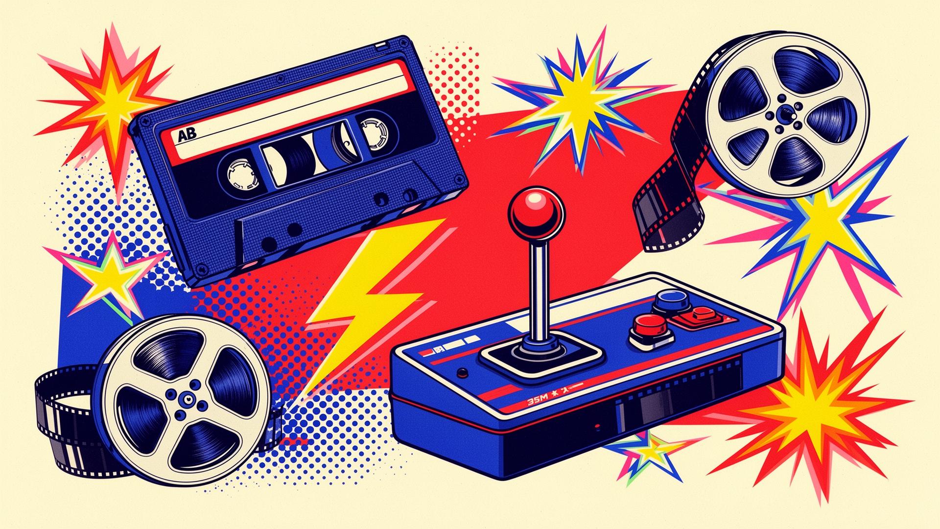Retro pop collage of VHS, joystick, and film reel